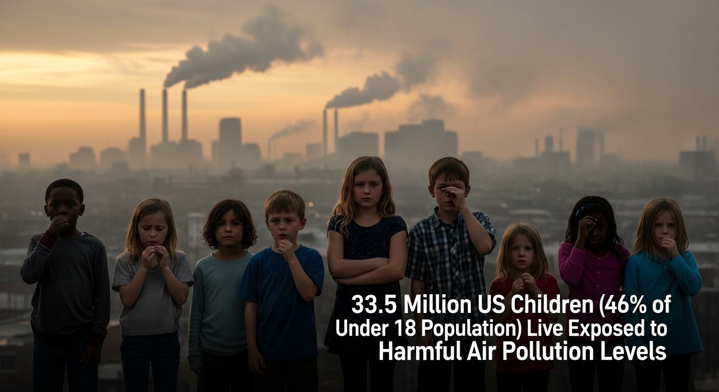 Un grupo de niños posa frente a una ciudad industrial contaminada, simbolizando que 33,5 millones de menores en EE.UU. viven expuestos a niveles dañinos de contaminación atmosférica. (Imagen Ilustrativa Infobae)
