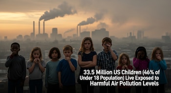 Ocho niños con expresiones serias frente a una ciudad industrial con chimeneas humeantes y un cielo rojizo por la contaminación, al atardecer.