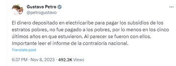 Petro dijo que dinero de subsidio de Electricaribe “no fue pagado a los pobres”