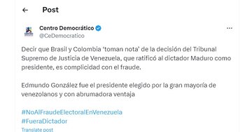 Centro Democrático habla de comunicado de Brasil y Colombia sobre Venezuela - crédito @CeDemocratico