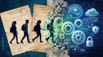 Collage digital muestra a estudiantes pasando de formularios de inscripción a elementos de IA: engranajes, circuitos, cerebro, nube y candado digital sobre binario.
