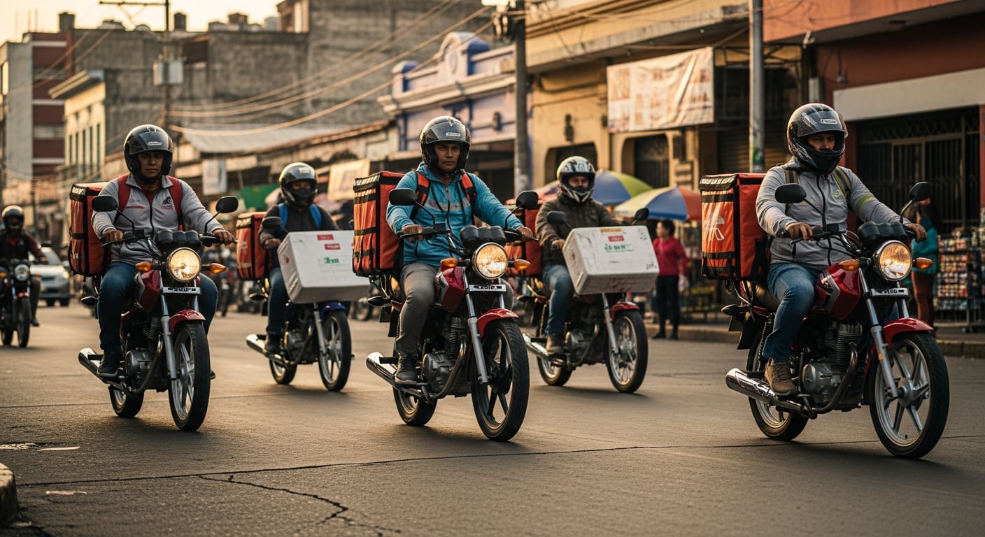 Varios repartidores de comida y encomiendas circulan en sus motocicletas por una calle de Guatemala al atardecer. (Imagen Ilustrativa Infobae)