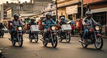 Cinco hombres con cascos circulan en motocicletas rojas y azules por una calle urbana. Llevan mochilas y cajas para reparto.