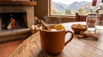 Taza marrón de bebida caliente con vapor, canela y naranja, sobre mesa de madera junto a aguardiente, azúcar, chimenea con fuego y montañas.