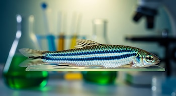 Un pez cebra de rayas azules y verdes con escamas plateadas sobre una superficie transparente, con un fondo desenfocado de material de laboratorio.