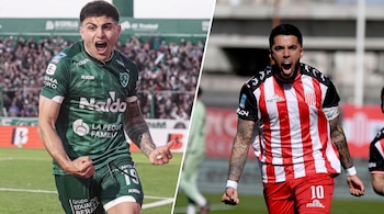 Imagen dividida en dos partes con dos futbolistas gritando con los puños cerrados vistiendo camisetas de fútbol verde y a rayas rojas y blancas.