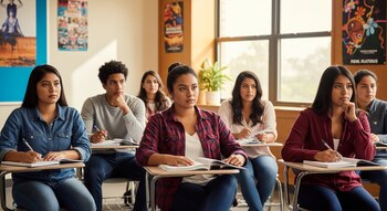 Varios estudiantes jóvenes latinos, algunos tomando notas, sentados en pupitres en un aula con carteles en las paredes y una ventana.