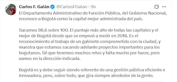 El mandatario atribuyó la calificación a un gabinete comprometido y a proyectos en marcha, y afirmó que la gestión debe ser eficiente e innovadora, con enfoque en las personas, según el reporte oficial - crédito Carlos Fernando Galán/X