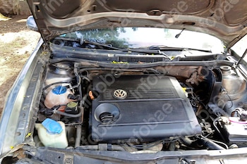 Capó abierto de un automóvil gris que expone el motor con la marca Volkswagen, depósitos de líquidos y componentes eléctricos