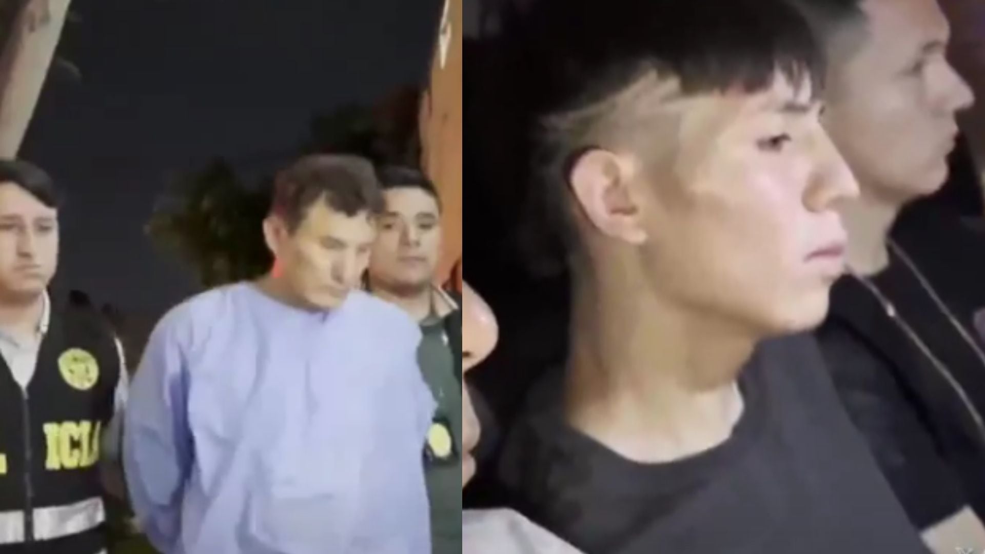 La imagen muestra a un hombre detenido y escoltado por agentes en la parte izquierda, mientras que en la derecha se observa a dos jóvenes, presuntos sospechosos, sentados en un entorno oscuro. (América Noticias)