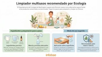 Infografía que muestra la receta de un limpiador multiusos casero del Departamento de Ecología de Washington. Incluye ingredientes, preparación y uso.