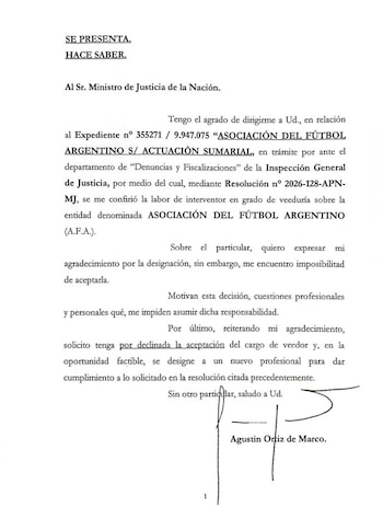 La carta de "declinación" del abogado Ortiz de Marco