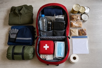 Mochila roja abierta vista desde arriba con agua, radio, linterna, botiquín, mascarillas, ropa y latas de comida distribuidas en un piso claro.