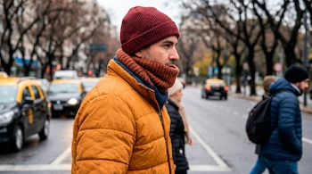Vista lateral de un hombre con gorro rojo, bufanda naranja y chaqueta de plumas amarilla en una calle de Buenos Aires, con taxis y árboles al fondo.