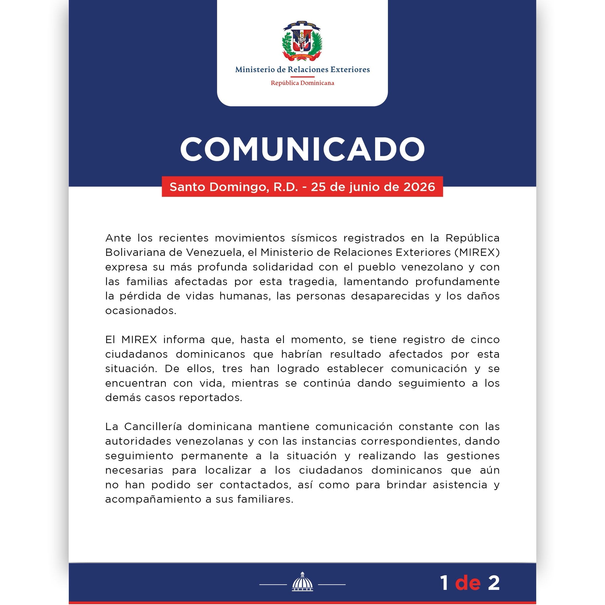 Familias dominicanas permanecen atentas a los reportes oficiales de Venezuela, aferradas a la esperanza de localizar a los dos compatriotas que siguen incomunicados (Cortesía @MIREXRD).