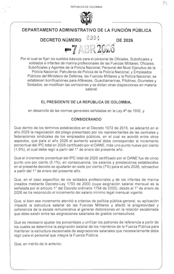 Decreto del incremento salarial del 7% - crédito Ministerio de Defensa