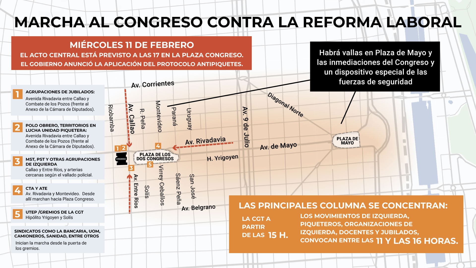 Cronograma de la marcha al Congreso contra la reforma laboral.