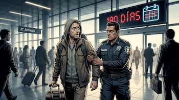 Ilustración de un oficial de inmigración mexicano escoltando a un hombre con sudadera y maleta en un aeropuerto. Un cartel digital muestra "180 días" y un calendario con fechas marcadas en rojo al fondo.