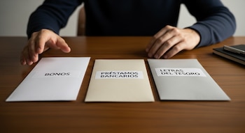 Primer plano de manos sobre un escritorio de madera con tres sobres: 'BONOS', 'PRÉSTAMOS BANCARIOS' y 'LETRAS DEL TESORO'. Una mano se extiende hacia los sobres.