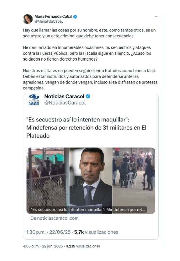 Con este mensaje, la senadora María Fernanda Cabal reaccionó a las afirmaciones del ministro de Defensa, general (r) Pedro Sánchez, sobre lo ocurrido en El Plateado - crédito @mariafdacabal/X