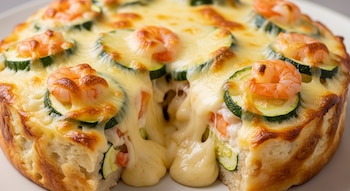 Primer plano de un pastel circular sin base con capas de calabacín, gambas y abundante queso gratinado derritiéndose por los lados.