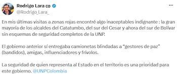 Rodrigo Lara se refirió en sus redes sociales a los esquemas de seguridad de los alcaldes de varias regiones del país. - crédito @Rodrigo_Lara_/X