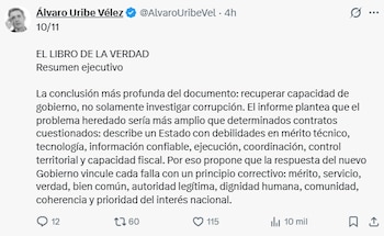 El expresidente afirmó que es clave investigar los hechos de corrupción del gobierno Petro - crédito @AlvaroUribeVel/X
