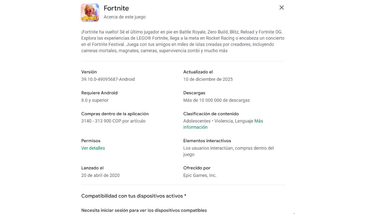 Epic Games especifica que es necesario contar con Android 8 o superior. (Play Store)