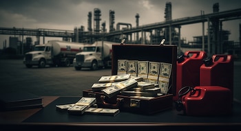 Maleta abierta con fajos de billetes, bidones rojos de combustible, y un libro sobre un escritorio. Fondo borroso de una planta industrial y camiones cisterna.