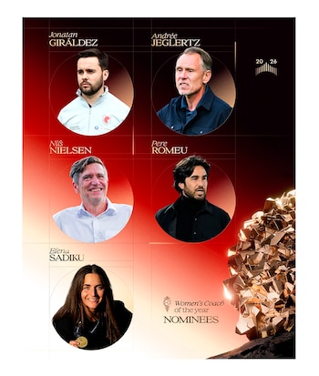 Imagen con cinco retratos de entrenadores, sus nombres, el texto sobre el premio a mejor entrenador y un adorno dorado sobre fondo rojo