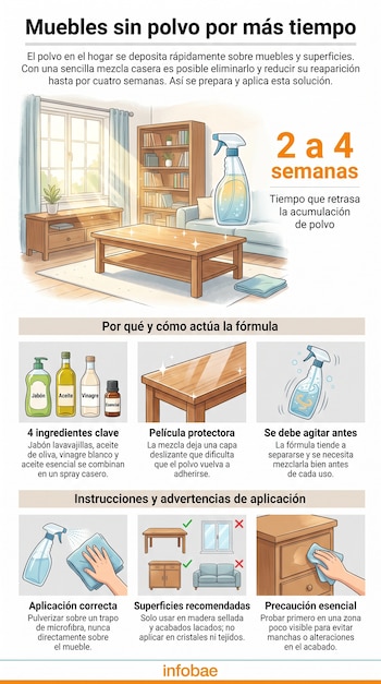 Infografía con sala de estar limpia, botellas de jabón, aceite, vinagre y esencia; pulverizador, trapo de microfibra, pasos de aplicación y superficies aptas.