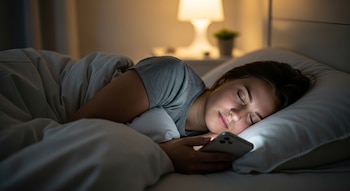 Una mujer joven duerme de lado en la cama con un teléfono móvil cerca, cuya pantalla ilumina su rostro. Una lámpara de noche encendida está en el fondo.