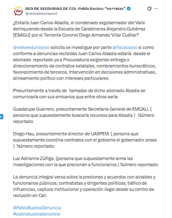 La Red de Veedurías de Colombia advirtió sobre presiones que estarían siendo ejercidas por Juan Carlos Abadia desde la cárcel - crédito @redveeduriascol/X