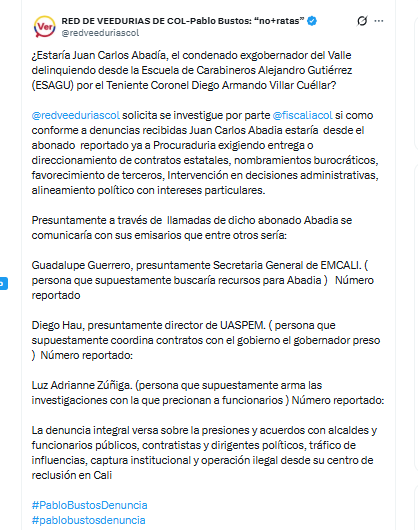La Red de Veedurías de Colombia advirtió sobre presiones que estarían siendo ejercidas por Juan Carlos Abadia desde la cárcel - crédito @redveeduriascol/X