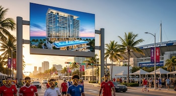 Cartel digital en Miami muestra edificio de lujo frente al mar. Personas con camisetas de fútbol y gafas caminan cerca de un estadio con logos de FIFA World Cup 2026.