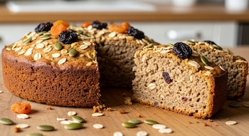Bizcocho de avena sin azúcar ni lácteos, recién horneado y cortado, con avena, frutas secas y semillas en la parte superior, sobre una tabla de madera.