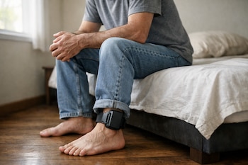 Hombre con camiseta gris y jean azul claro, sentado en una cama, con un brazalete electrónico negro en el tobillo izquierdo. Pies descalzos.