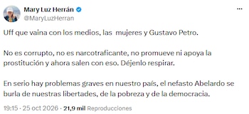La reacción de Mary Luz Herrán a las acusaciones que involucran al entorno de Gustavo Petro - crédito @MaryLuzHerran/X