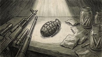 Dibujo de armas largas desarmadas, una granada, paquetes de marihuana y frascos con cigarros enrollados sobre una mesa.
