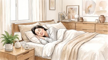 Mujer durmiendo en una cama con edredón y manta. A su lado, una mesa de noche con planta, lámpara, vaso de agua y jarra. Al fondo, cómoda con libros y jarrones.