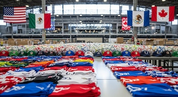 Artículos de fútbol como camisetas, gorras y balones apilados en un almacén. Al fondo, un estadio iluminado y banderas de Estados Unidos, México y Canadá.