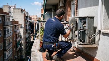 Un técnico de espaldas trabaja agachado en un balcón manipulando con herramientas la unidad exterior de un aire acondicionado.