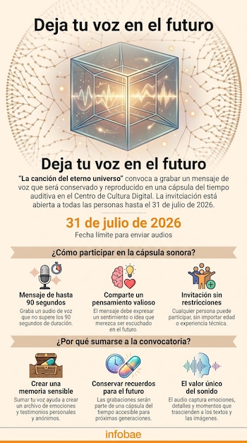 Título: Deja tu voz en el futuro. Imagen de un cubo con ondas sonoras, red neuronal y varios íconos explicativos, con la fecha 31 de julio de 2026.