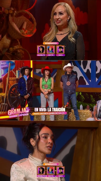 Capturas de un programa de televisión con personas en un escenario temático y un gráfico con tres participantes nominados