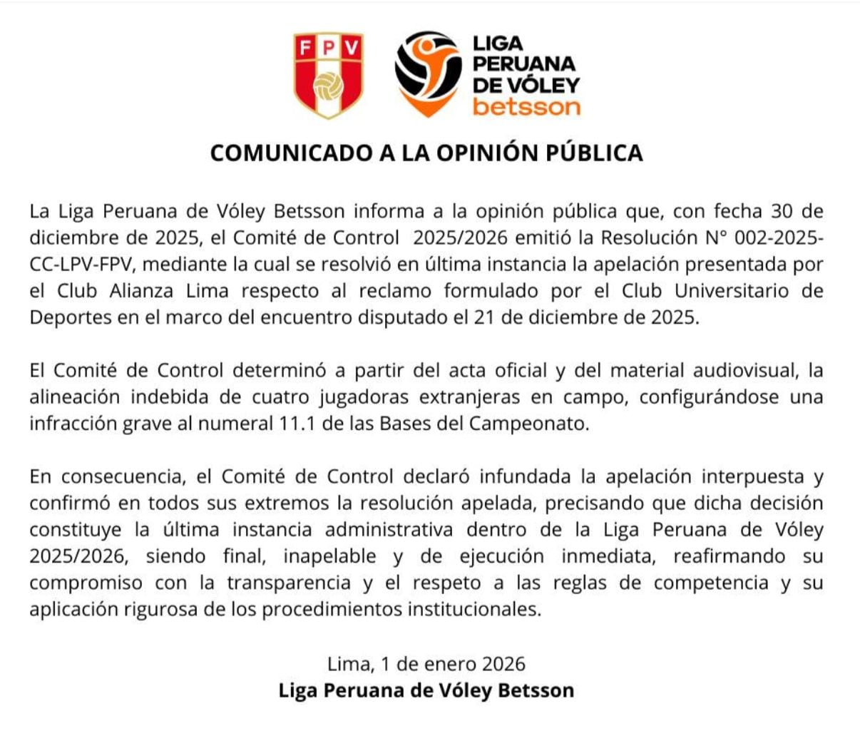 Comunicado de la FPV sobre la resolución del polémico caso Universitario-Alianza Lima.