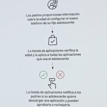 Diagrama de tres pasos con iconos de usuario, bolsa de compras con verificación, botón de confirmación y texto sobre la configuración de edad