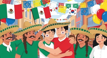 Hinchas mexicanos con sombreros y camisetas verdes abrazan a un hincha surcoreano con camiseta roja en una calle festiva con banderas y globos.