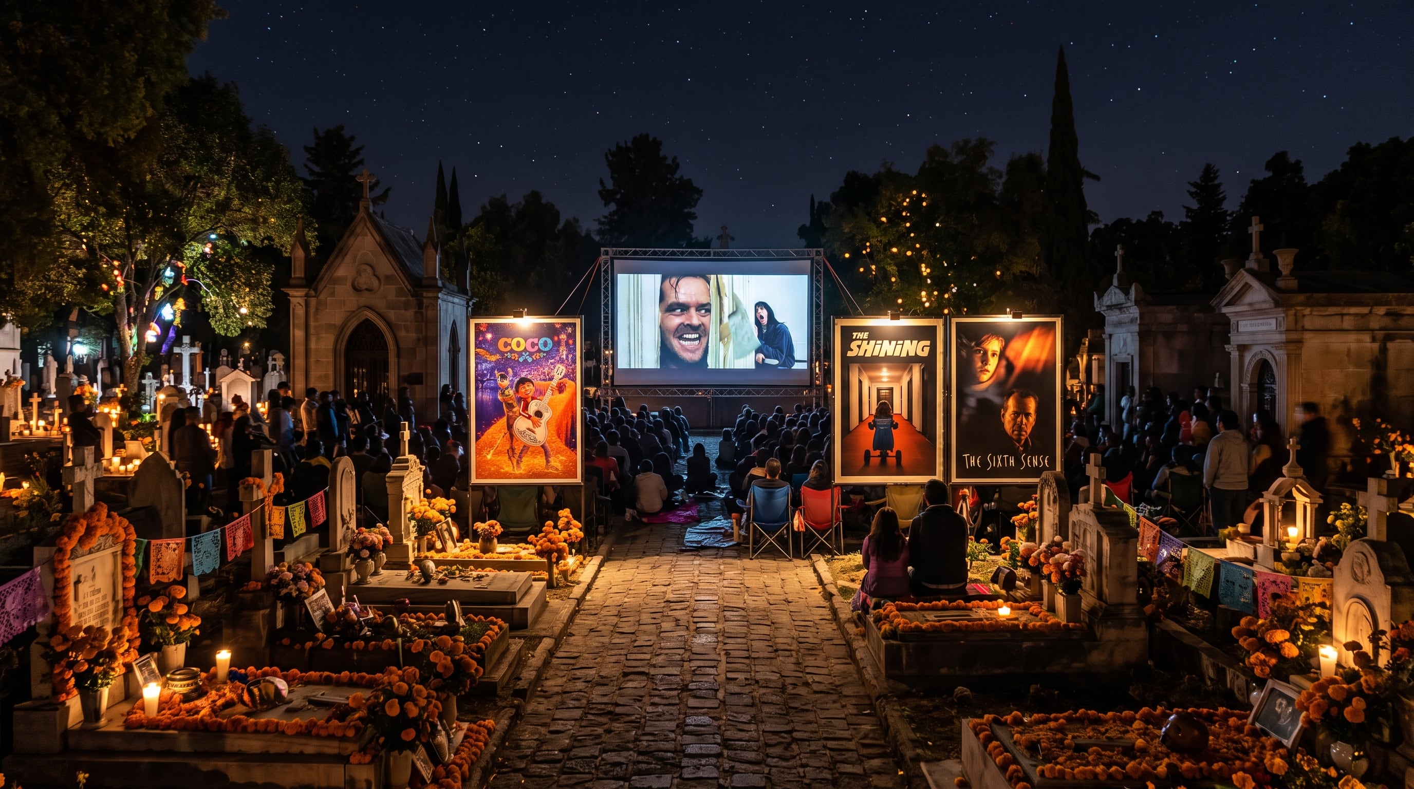 Personas asisten a una función de cine al aire libre en un cementerio decorado con veladoras y flores de cempasúchil para las festividades nocturnas. (Imagen Ilustrativa Infobae)