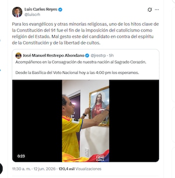 El exministro Luis Carlos Reyes aseguró que el mensaje religioso de José Manuel Restrepo va en contra del espíritu de la Constitución y de la libertad de cultos - crédito @luiscrh/X