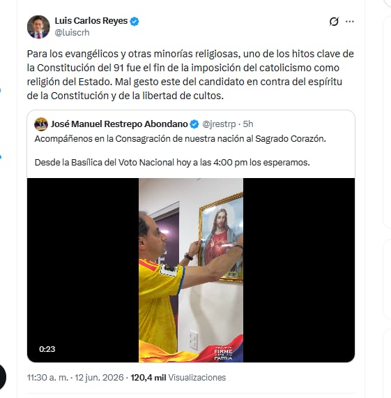 El exministro Luis Carlos Reyes aseguró que el mensaje religioso de José Manuel Restrepo va en contra del espíritu de la Constitución y de la libertad de cultos - crédito @luiscrh/X
